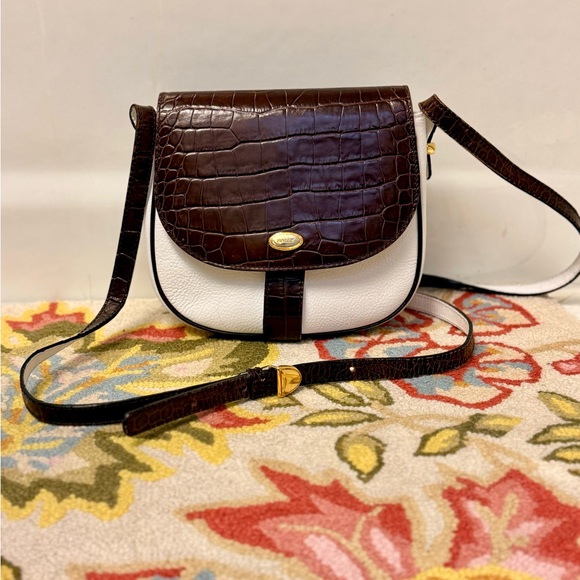 BALLY Vintage Two-Tone Leather Crossbody W/ Brown Croc Flap & Whte Pebbled Body - Picture 2 of 16